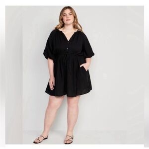 Old Navy Waist Defined Puff Sleeve Muslin Poet Dress in Black Size ‎ XXL